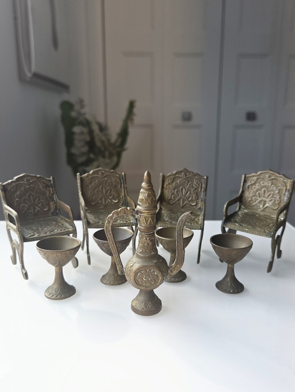 Miniature Brass Furniture And Tea Set | Vintage Dollhouse Decor